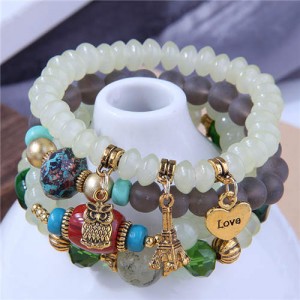 Night Owl and Love Pendant High Fashion Multiple Layers High Fashion Women Wholesale Bracelet - Light Green