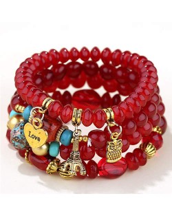 Night Owl and Love Pendant High Fashion Multiple Layers High Fashion Women Wholesale Bracelet - Red