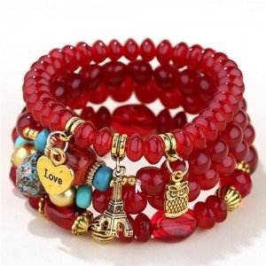 Night Owl and Love Pendant High Fashion Multiple Layers High Fashion Women Wholesale Bracelet - Red