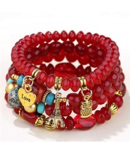 Night Owl and Love Pendant High Fashion Multiple Layers High Fashion Women Wholesale Bracelet - Red