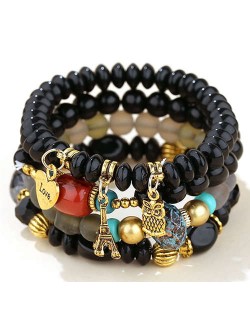 Night Owl and Love Pendant High Fashion Multiple Layers High Fashion Women Wholesale Bracelet - Black