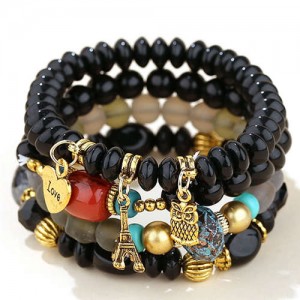 Night Owl and Love Pendant High Fashion Multiple Layers High Fashion Women Wholesale Bracelet - Black