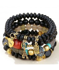 Night Owl and Love Pendant High Fashion Multiple Layers High Fashion Women Wholesale Bracelet - Black