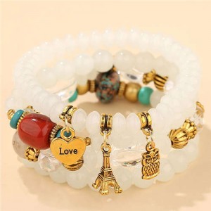 Night Owl and Love Pendant High Fashion Multiple Layers High Fashion Women Wholesale Bracelet - White