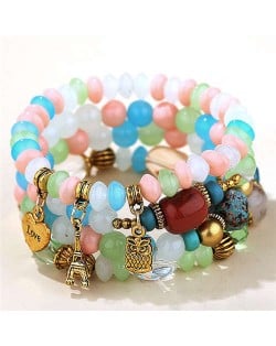 Night Owl and Love Pendant High Fashion Multiple Layers High Fashion Women Wholesale Bracelet - Pink and Blue