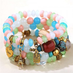 Night Owl and Love Pendant High Fashion Multiple Layers High Fashion Women Wholesale Bracelet - Pink and Blue