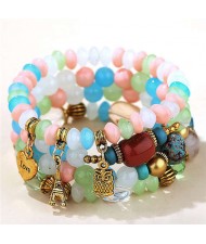Night Owl and Love Pendant High Fashion Multiple Layers High Fashion Women Wholesale Bracelet - Pink and Blue