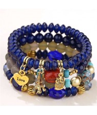 Night Owl and Love Pendant High Fashion Multiple Layers High Fashion Women Wholesale Bracelet - Blue