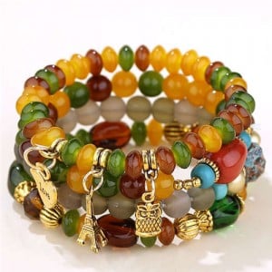 Night Owl and Love Pendant High Fashion Multiple Layers High Fashion Women Wholesale Bracelet - Yellow and Green