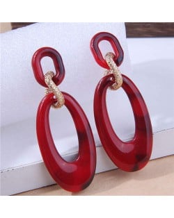 European Fashion Oval Shape Resin Women Temperament Hoop Dangle Earrings - Red