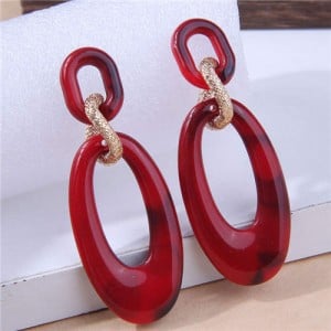European Fashion Oval Shape Resin Women Temperament Hoop Dangle Earrings - Red