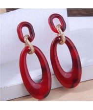 European Fashion Oval Shape Resin Women Temperament Hoop Dangle Earrings - Red