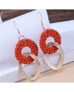 Weaving Pattern Linked with Golden Hoops Unique Folk Design Women Wholesale Costume Earrings