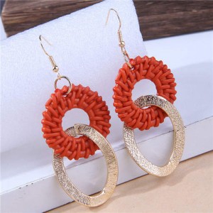 Weaving Pattern Linked with Golden Hoops Unique Folk Design Women Wholesale Costume Earrings