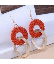 Weaving Pattern Linked with Golden Hoops Unique Folk Design Women Wholesale Costume Earrings