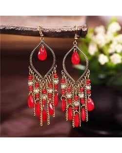 Hollow Waterdrop with Beads Tassels Bohemian Fashion Women Wholesale Costume Earrings - Red