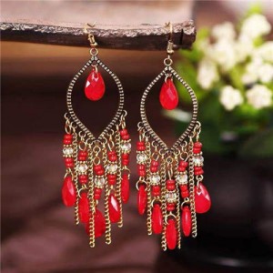Hollow Waterdrop with Beads Tassels Bohemian Fashion Women Wholesale Costume Earrings - Red