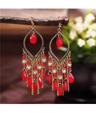 Hollow Waterdrop with Beads Tassels Bohemian Fashion Women Wholesale Costume Earrings - Red