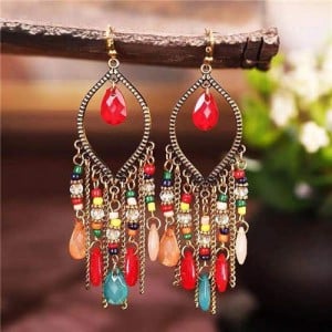 Hollow Waterdrop with Beads Tassels Bohemian Fashion Women Wholesale Costume Earrings - Multicolor