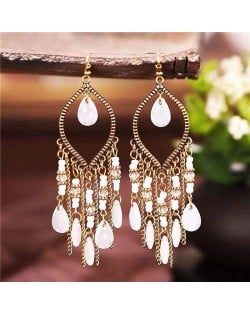 Hollow Waterdrop with Beads Tassels Bohemian Fashion Women Wholesale Costume Earrings - White