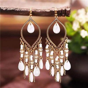 Hollow Waterdrop with Beads Tassels Bohemian Fashion Women Wholesale Costume Earrings - White
