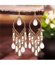 Hollow Waterdrop with Beads Tassels Bohemian Fashion Women Wholesale Costume Earrings - White