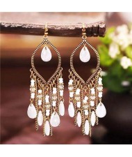 Hollow Waterdrop with Beads Tassels Bohemian Fashion Women Wholesale Costume Earrings - White