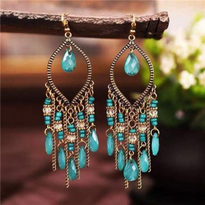 Hollow Waterdrop with Beads Tassels Bohemian Fashion Women Wholesale Costume Earrings - Green