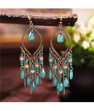 Hollow Waterdrop with Beads Tassels Bohemian Fashion Women Wholesale Costume Earrings - Green