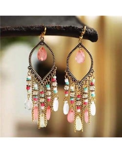 Hollow Waterdrop with Beads Tassels Bohemian Fashion Women Wholesale Costume Earrings - Pink