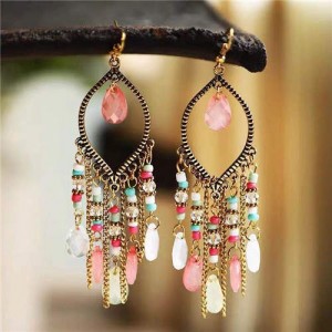 Hollow Waterdrop with Beads Tassels Bohemian Fashion Women Wholesale Costume Earrings - Pink