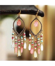 Hollow Waterdrop with Beads Tassels Bohemian Fashion Women Wholesale Costume Earrings - Pink