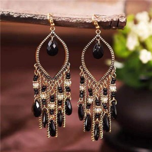 Hollow Waterdrop with Beads Tassels Bohemian Fashion Women Wholesale Costume Earrings - Black