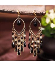 Hollow Waterdrop with Beads Tassels Bohemian Fashion Women Wholesale Costume Earrings - Black