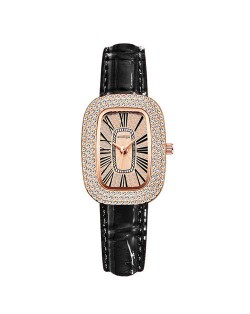 Fashion Oval Shape Rhinestone Surrounded Women Wholesale Watch - Black