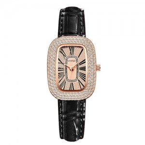 Fashion Oval Shape Rhinestone Surrounded Women Wholesale Watch - Black