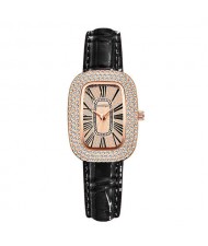 Fashion Oval Shape Rhinestone Surrounded Women Wholesale Watch - Black