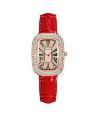 Fashion Oval Shape Rhinestone Surrounded Women Wholesale Watch - Red