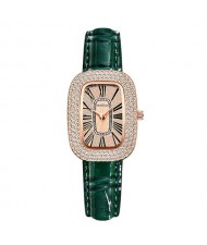 Fashion Oval Shape Rhinestone Surrounded Women Wholesale Watch - Green