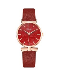 Leaf Texture Surface Minimalist Fashion Women Wholesale Watch - Red