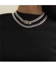 Vintage Cuban Chain Hip-hop Style Double Layers Fashion Wholesale Necklace - Silver