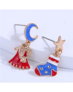 U.S. High Fashion Sock and Top Star and Moon Asymmetrical Christmas Women Earrings