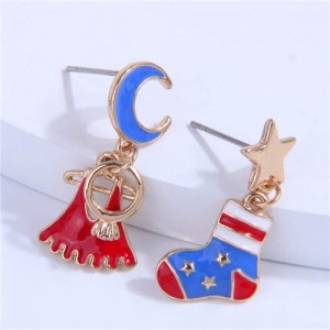 U.S. High Fashion Sock and Top Star and Moon Asymmetrical Christmas Women Earrings