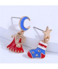 U.S. High Fashion Sock and Top Star and Moon Asymmetrical Christmas Women Earrings