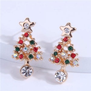 Sweet Fashion Rhinestone Embellished Shining Style Christmas Tree Women Wholesale Earrings