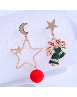 Hollow Golden Star and Christmas Bells Asymmetrical Design Costume Earrings