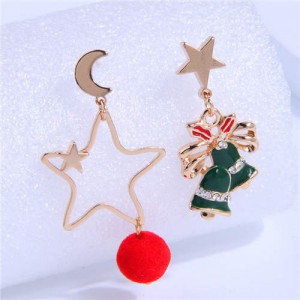 Hollow Golden Star and Christmas Bells Asymmetrical Design Costume Earrings