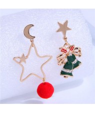 Hollow Golden Star and Christmas Bells Asymmetrical Design Costume Earrings