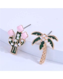 Coconut Tree and Cactus Asymmetrical Design Women Costume Earrings