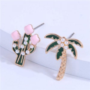 Coconut Tree and Cactus Asymmetrical Design Women Costume Earrings